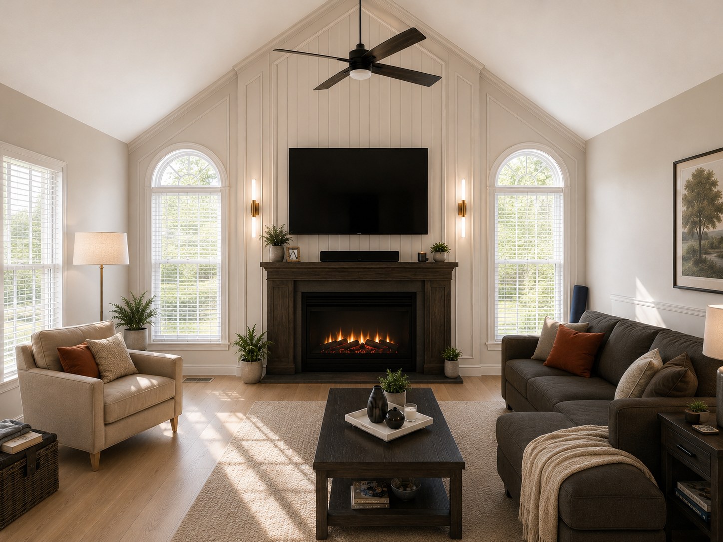 Vaulted living room with custom fireplace mantel, arched window casings, and paneled trim built by Casa Perfetta