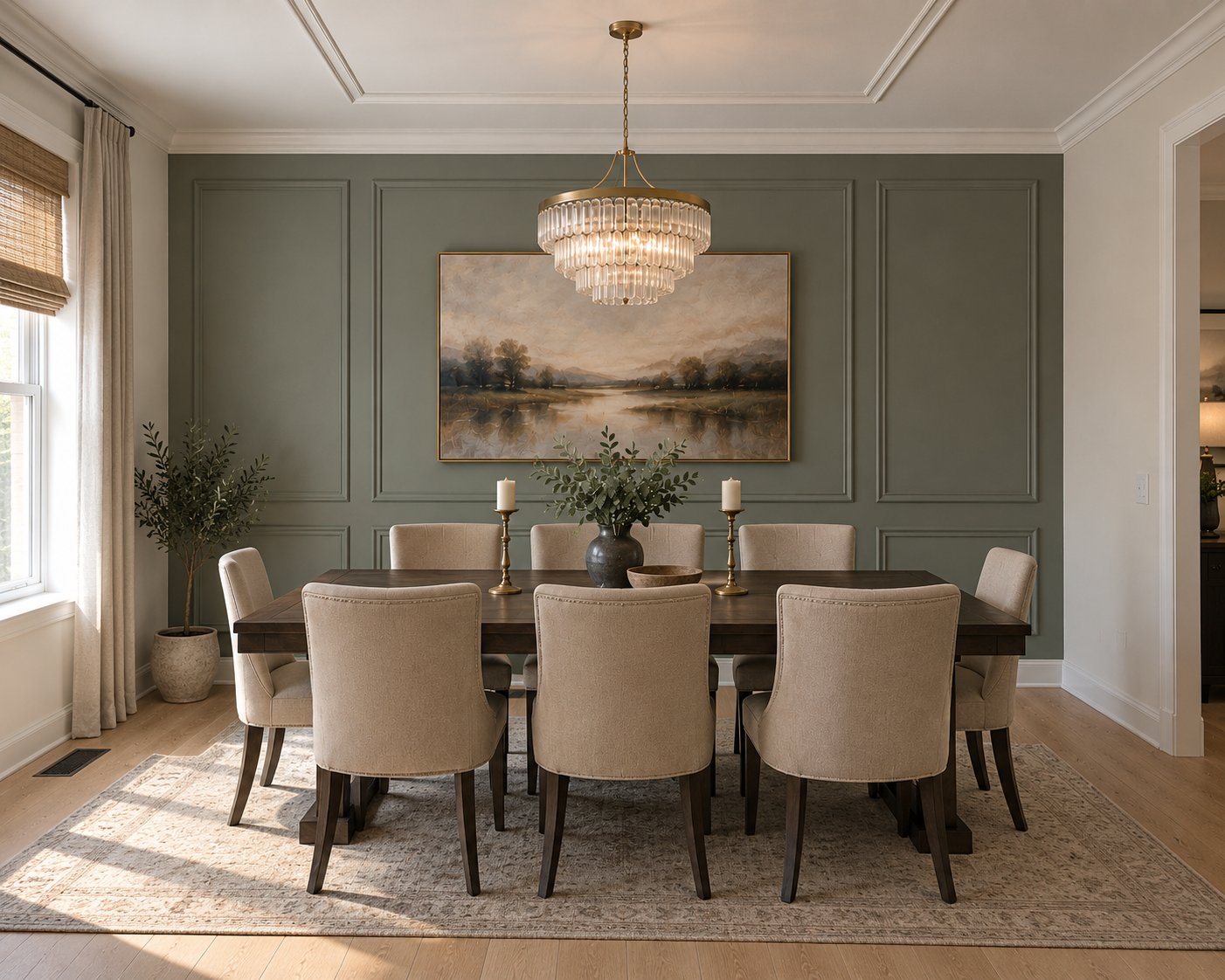 Warm dining room with custom picture-frame moulding, coffered ceiling, and natural sunlight across the wood floor